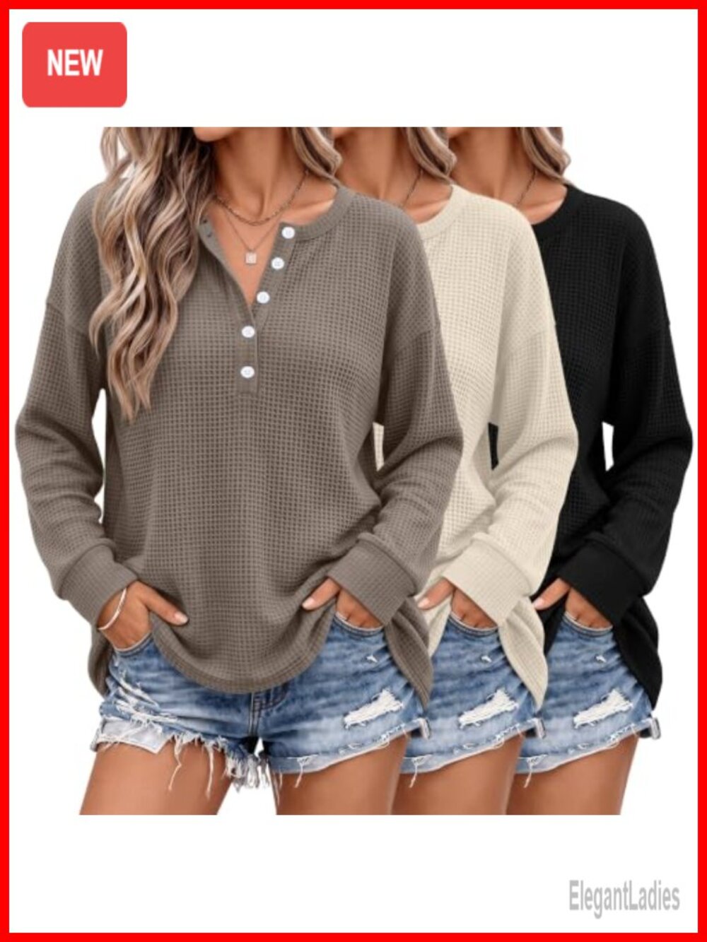 Waffle Henley Shirt Long Sleeve V-Neck Loose Fit Tunic Top